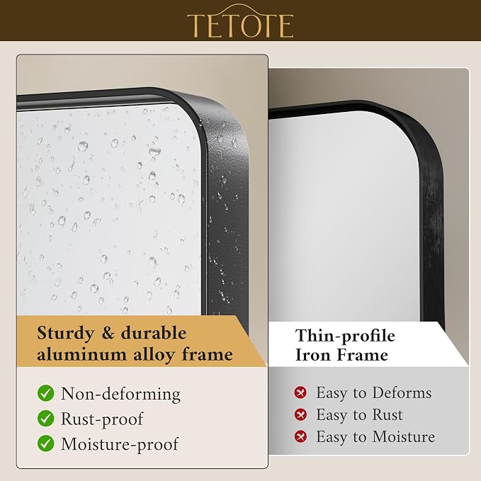 TETOTE 48 x 30 Inch Bathroom Mirror, Matte Black Modern Metal Frame Rectangle - Image 3