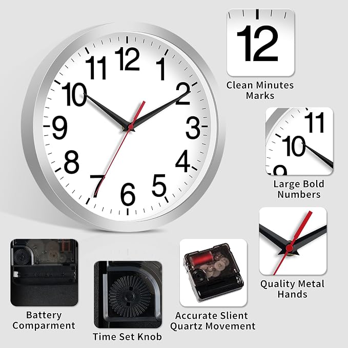 Rohioue 14 Inch Wall Clock Modern Battery Operated Silent Non Ticking Analog - Image 5
