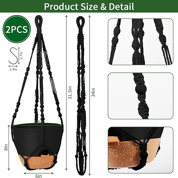 GARDIFE 10 Inch Hanging Planters with Macrame Plant Hanger for Indoor and Outdoor Plants, 2 Pack Large Self Watering Hanging Plant Pot with Basket Flower Pot with Drainage Hole, Black