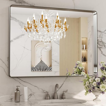 LOAAO 40X24 Inch Brushed Nickel Bathroom Mirror, Rounded Rectangle Silver Metal by LOAAO