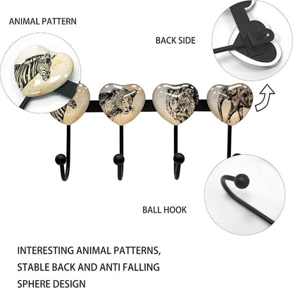 Coat Rack Wall Mounted with 4 Hook, Heart Glass Finishes Animal Pattern - Image 3