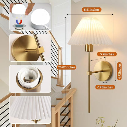 Gold Wireless Wall Sconce Sets of 2, Pleated Shades Rechargeable Battery - Image 5
