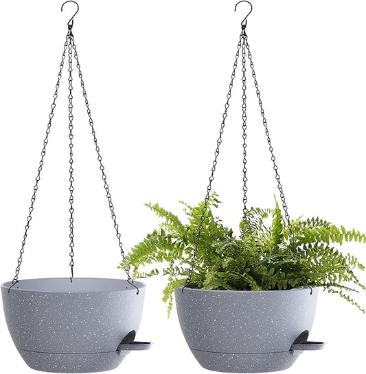 12 Inch Hanging Baskets 2 PC with Chains, Self-Watering Hanging Planters for Indoor Outdoor Plants, Plastic Hanging Flower Pots,Speckled Grey