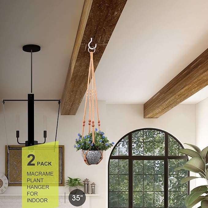 Macrame Plant Hanger for 5 to 10 Inch Plant Pots, Set of 2 Indoor Handmade 35 Inch Woven Rope Hanger Kits with Hooks and Wood Beads, Hanging Planter Basket Holder for Boho Home Decor (Brown, 2 Pack)