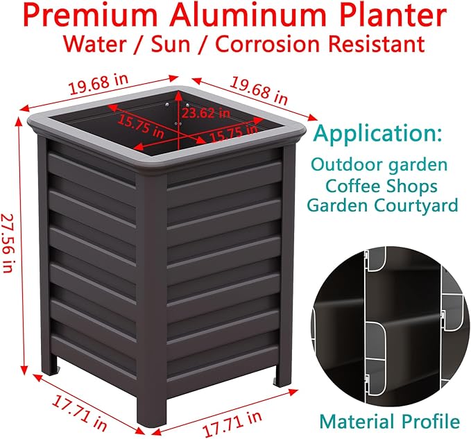 Aluminum Outdoor Planter - 19.68" Tall Planter Box for Patio Porch Indoor or Outdoor Durable Weather-Resistant Large Planters for Flowers with Drainage Hole, Dark Brown, 19.68"D x 19.68"W x 27.56"H
