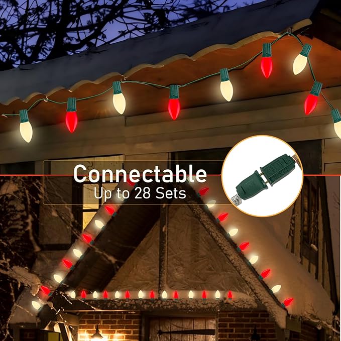 Red White LED Christmas Lights 25FT - Vintage C9 Outdoor String with 26 Bulbs, Extendable Commercial Holiday Decor for Roofline, Patio, Backyard & Parties