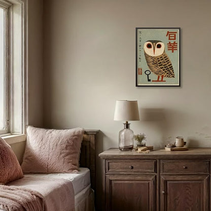 Vintage Japanese Black Framed Wall Art Owl Poster Mid Century Animal Print - Image 5