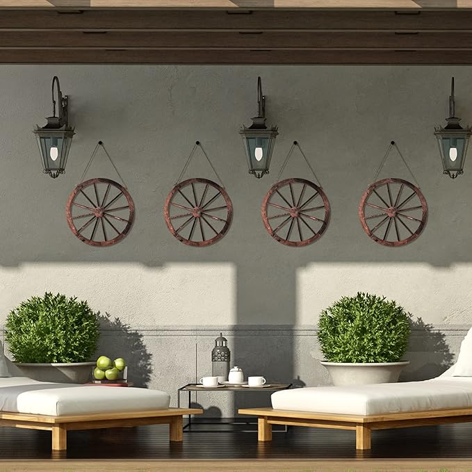Qunclay 4 Pcs Wooden Wagon Wheel Wall Decor Old Western Wood Boho Wall Art Farmhouse Boho Wagon Wheels Rustic Yard Decor Wood Hanging Decorations for Garden Home Bar Garage (10 Inch)