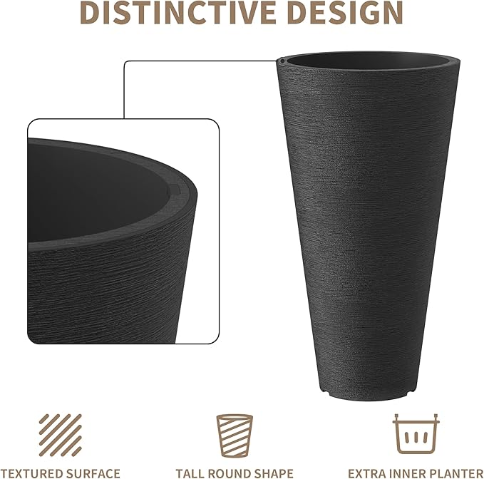 Kante Tall Round Planter Set of 2, 29" H Large Decorative Planter Pots for Outdoor Indoor Garden Patio Front Porch (Black)