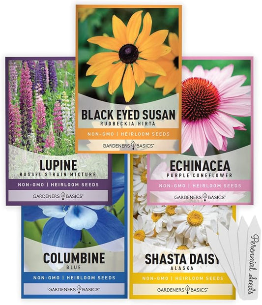 Gardeners Basics, Perennial Flower Seeds for Planting Outdoors (5 Variety Pack) Lupine, Columbine, Echinacea Purple Coneflower, Black Eyed Susan, Shasta Daisy for Pollinators Wildflower Seed