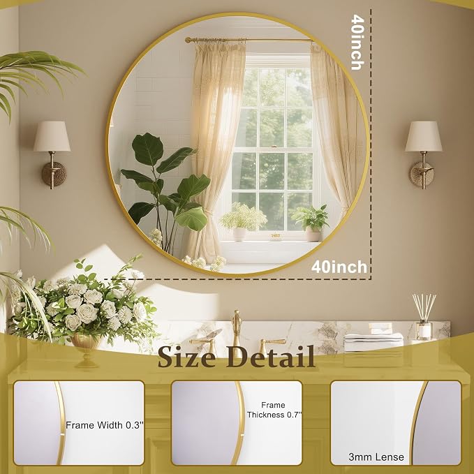 XRAMFY 42 Inch Round Gold Metal Wall Mirror - Image 4