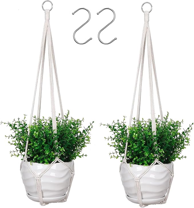 YIBOT 2 Pack 35" Macrame Plant Hanger Indoor Hanging Planter for Plants Holder with 2 Hooks,No Tassels for Indoor Outdoor Boho Home Decor, Ivory (POTS NOT Included)