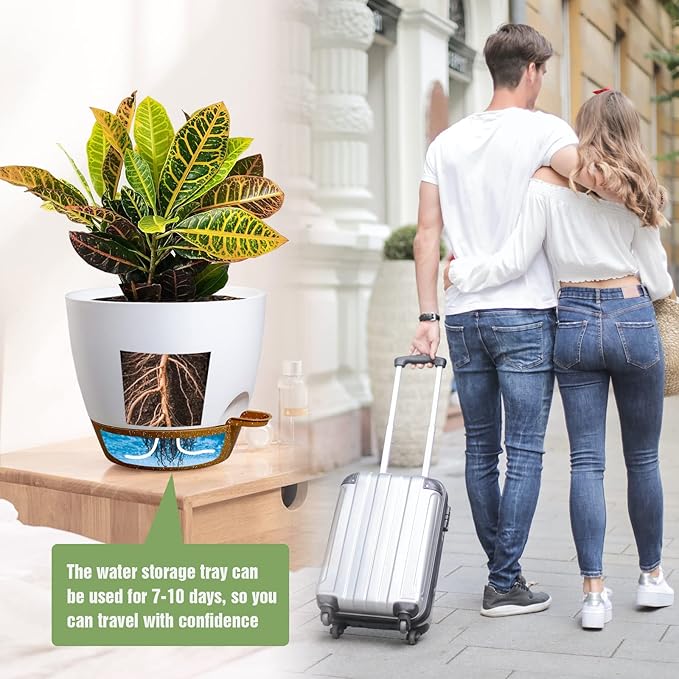 Large Self Watering Pots, 12/10/9 Plastic Planters with High Drainage Holes and Deep Reservoir for Indoor Outdoor Garden Plants and Flowers, White with Brown