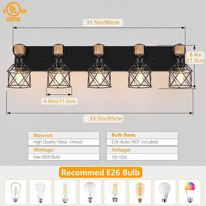 FadimiKoo 5-Light Wooden Black Bathroom Light Fixtures, Rustic Style Vanity - Image 2