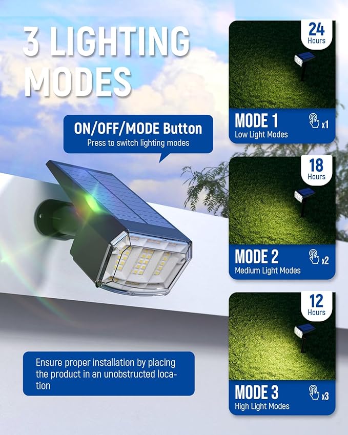 Solar spotlights Outdoor 63 LED 3 Lighting Modes, IP65 Waterproof Lighten Yard Garden House Garage Pathway for Christmas Decorations-6 Pack