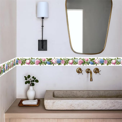Floral Wallpaper Border 196x4 Inch Peel and Stick Wall Border Pink Blue Rose - Image 3