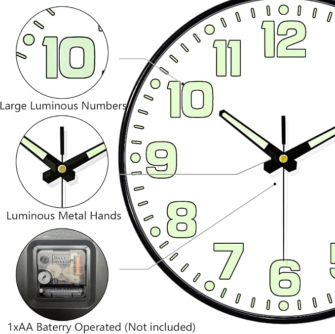 Glow in The Dark Wall Clock Non Ticking, 10 inch Silent Wall Clocks Battery - Image 8