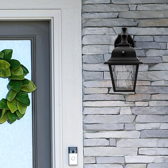 Maxxima LED Porch Lantern Outdoor Wall Light Fixture - Black, Clear Water Glass, Photocell Sensor, 875 Lumens, 3000K Warm White, Dusk to Dawn Light Sensor, Exterior Decorative Light