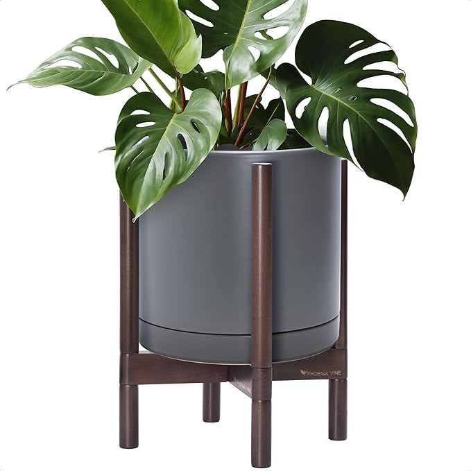 D'vine Dev Ceramic Planter with Walnut Color Stand - 12 Inch Modern Round Flower Pot with Wood Planter Holder, Grey, 55-B-W-3