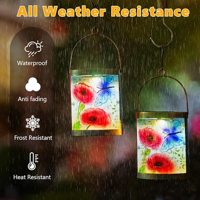 2 Pack Glass Butterfly Solar Lanterns Outdoor Waterproof, Hanging LED Solar Lantern for Tabletop Garden Yard Patio Decor