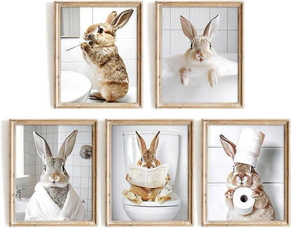 Vodefoad Funny Bunny Bathroom Wall Art 5pcs Bundle Easter Rabbit Posters Animal by VodefoadVintageWallArt