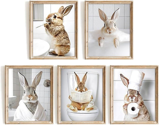 Vodefoad Funny Bunny Bathroom Wall Art 5pcs Bundle Easter Rabbit Posters Animal by VodefoadVintageWallArt