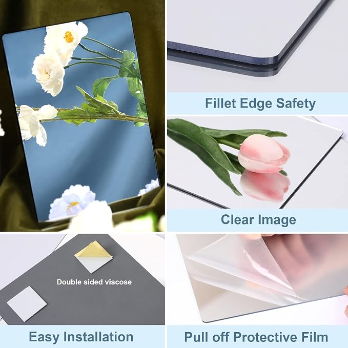 JUNEBRUSHS 4 Pack Self Adhesive Acrylic Mirror, 6X 9 Inch Mirror Tiles - Image 3