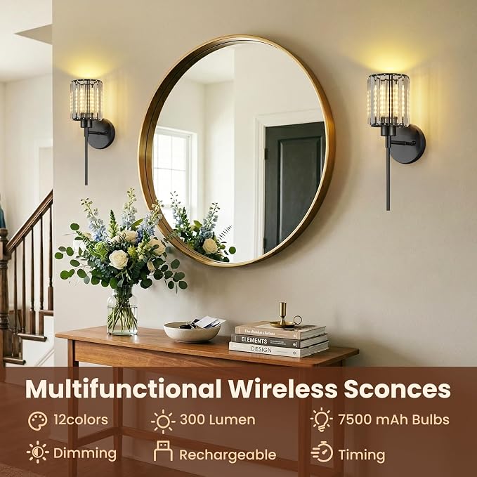 Crystal Battery Operated Wall Sconces, 12 Colors and 3CCT Dimmable Crystal Wall - Image 2