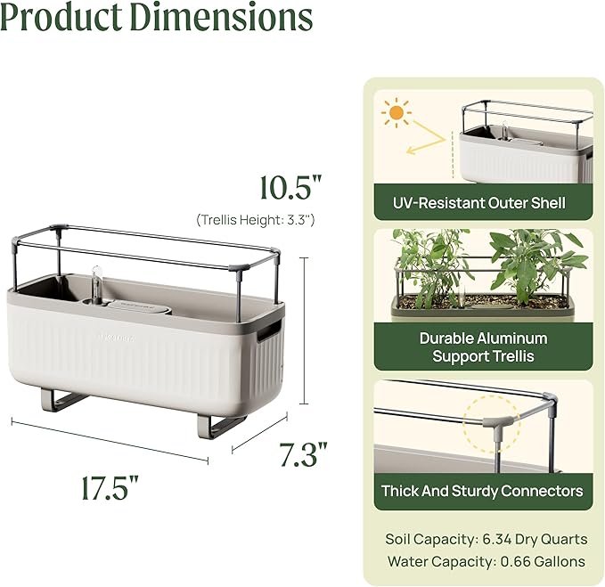 Vego Garden 2 Pack Herb Indoor Planter Box, Self Watering Pots with Trellis for Kitchen Window Sill or Countertop Plants Cage - Cream White