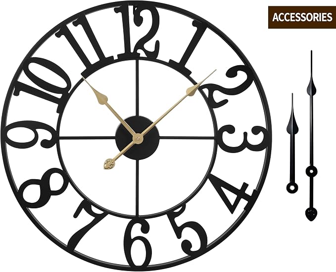 LEIKE Large Wall Clock, Battery Operated, Decorative Retro Black Metal Clock - Image 2