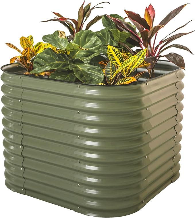 Vego garden 32" Extra Tall Raised Garden Bed Kits,4 in 1 Modular Raised Planter Box for Vegetables Flowers Fruits Oval Metal Raised Garden-Olive Green