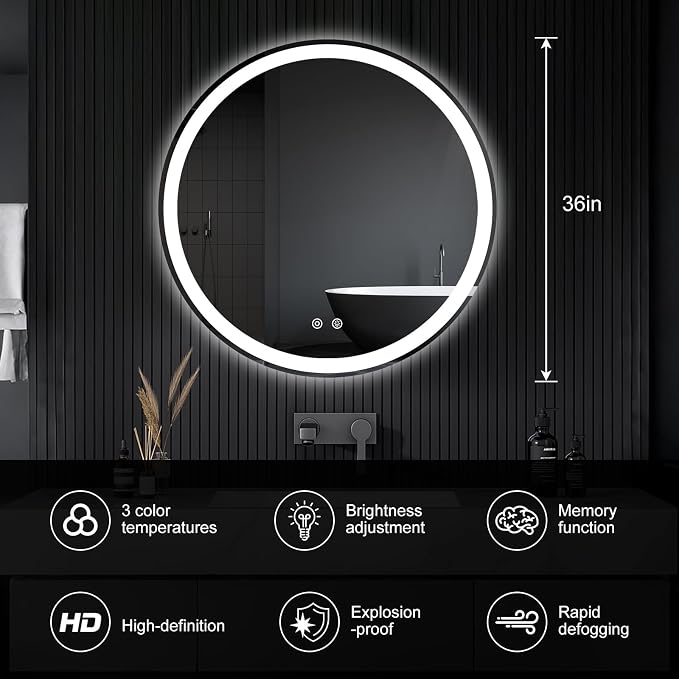 NEWBULIG 36 Inch Round LED Bathroom Wall Mirror - Image 3