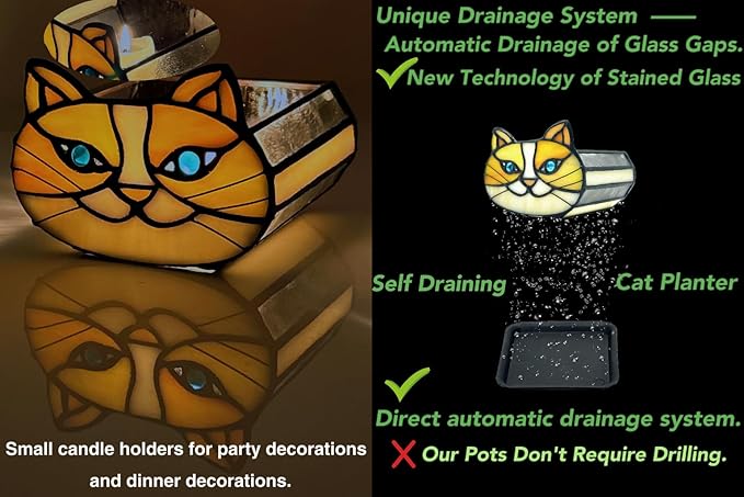 Stained Glass Yellow Cat Flower Pot,Small Succulent Planter for Indoor Plants,Cat Plant Decoration for Windowsill 4.33x3.54x2.95 in（Excluding Plants）