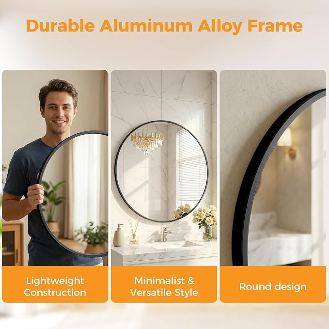 OLIXIS 24 Inch Black Round Bathroom Wall Mirror, Round Bathroom Mirrors - Image 3