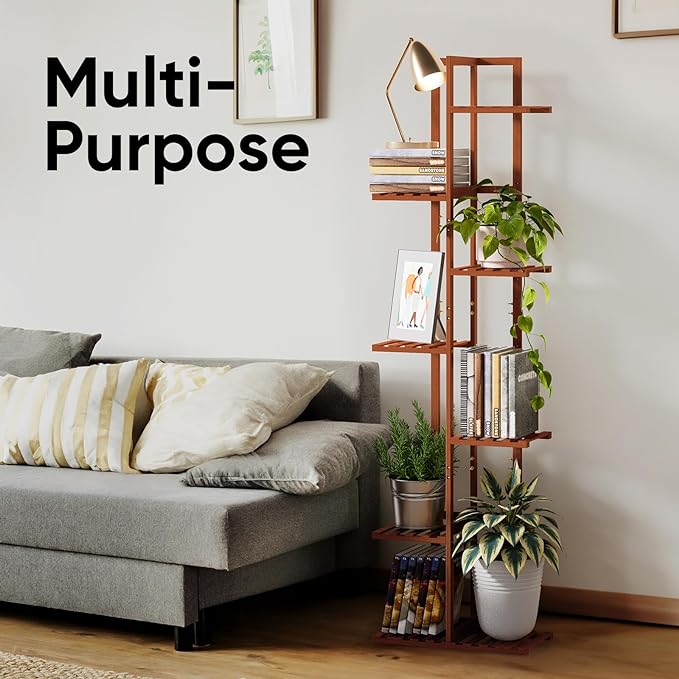 ROSSNY Plant Stand Indoor, 7 Tier 8 Potted Bamboo Plant Stands for Indoor Plants, Corner Plant Stand, Tiered Plant Stands, Plant Shelf For Indoor, 55 Inch Tall Planter Holder for Multiple Plants Indoor, Brown