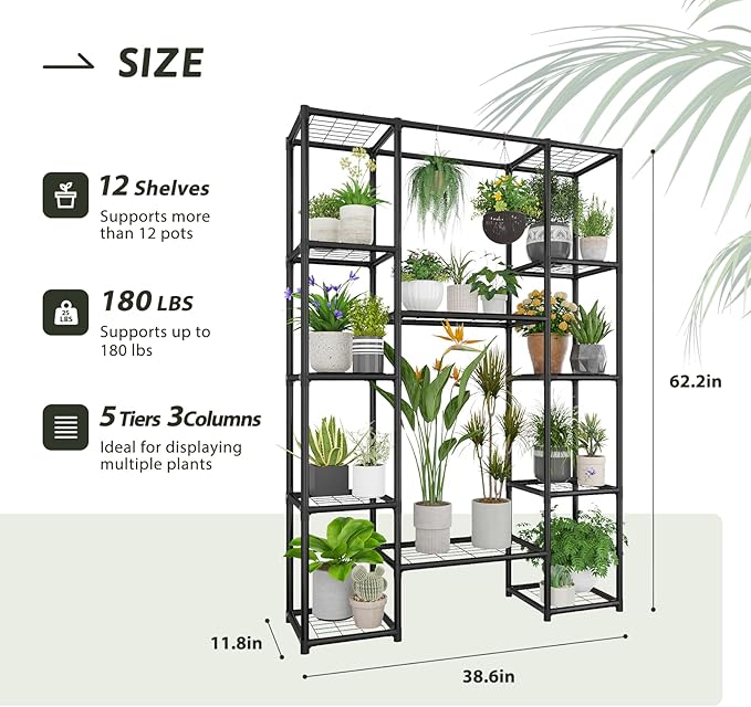 Plant Stand Outdoor Tall Plant Shelf Indoor Metal Large Hanging Plant Cabinet Waterproof Plant Rack Flower Holder for Living Room Patio Balcony Garden Black