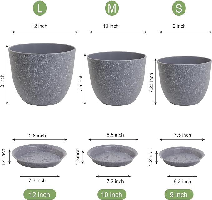 12/10/9 Large Modern Plant Pots, Plastic Planters with Drainage Holes and Saucers for Indoor Outdoor Plants Flowers, Grey Speckles