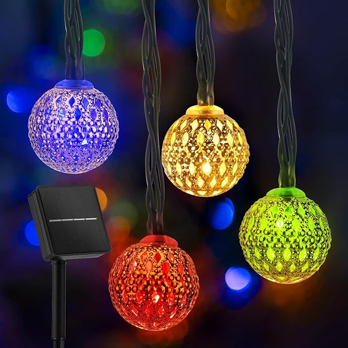 Solar Moroccan String Lights Outdoor 60 LED 36 Ft Globe Fairy Lights with 8 Lighting Modes, Waterproof Solar Powered String Lights for Garden Yard Gazebos Camping Party (Multicolor)