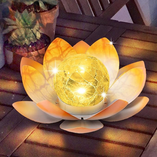 Huaxu Solar Lights Outdoor Garden Decoration Crackle Globe Glass Waterproof LED Metal Peach Lotus Flowers Gift for Mom,Women,Patio,Lawn,Walkway,Tabletop,Ground