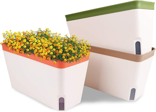 OurWarm Windowsill Herb Planter Box, Set of 3, Self Watering Plant Pots, 10.5 Inch Rectangular Planter Pots, Decorative Garden Flower Pots for indoor plants, Herbs, Vegetables, Flowers (3 Colors)