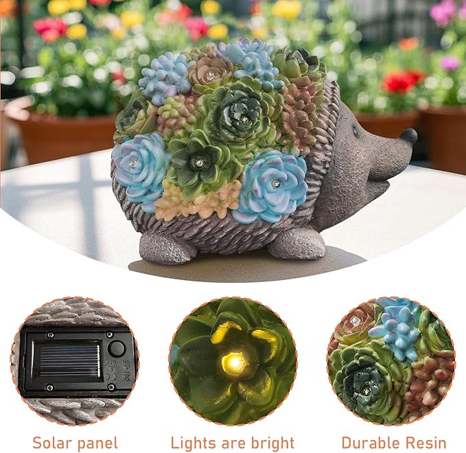 Outdoor Solar Garden Hedgehog Statue Decorative Lawn Statue with Succulents and 7 LED Lights for Garden, Outdoor Patio and Terrace, Birthday Gift for Women, Unique