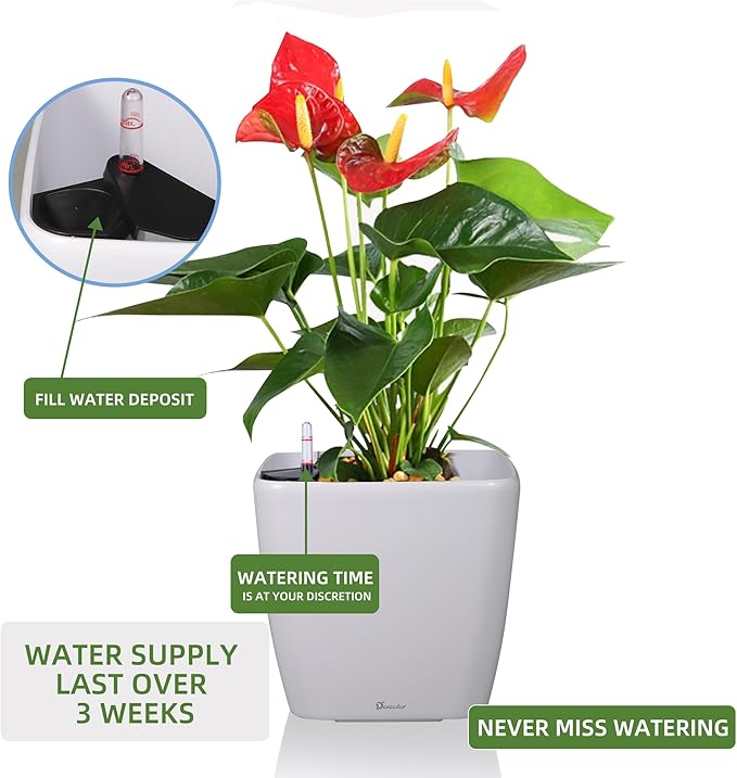 Dexceder 18x17 Self Watering Planter with Wheels Indoor Outdoor, Inner Mat Design, Thickened Large Floor Standing Flower Plant Pot with Water Level Indicator (White Matte)