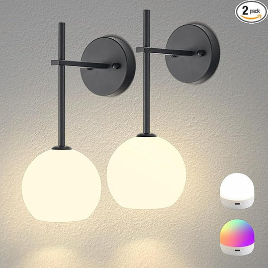 Black Battery Operated Wall Sconces Set of 2, Rechargeable Wireless Wall Lights by KeepShinning