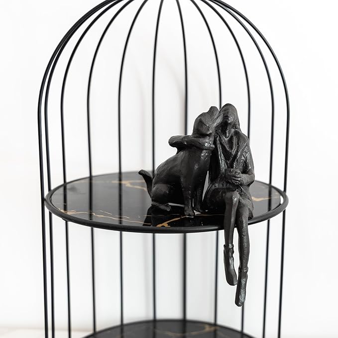 Cast Iron Sitting Woman and Dog Statue, Love Figurine, Gifts for Dog Lovers, Memorial Gifts for Women and Girls, Black