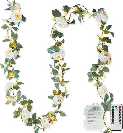 suddus Flower Garland with White Camellia Fairy Lights Indoor, 60 LED Vines by SUDDUS
