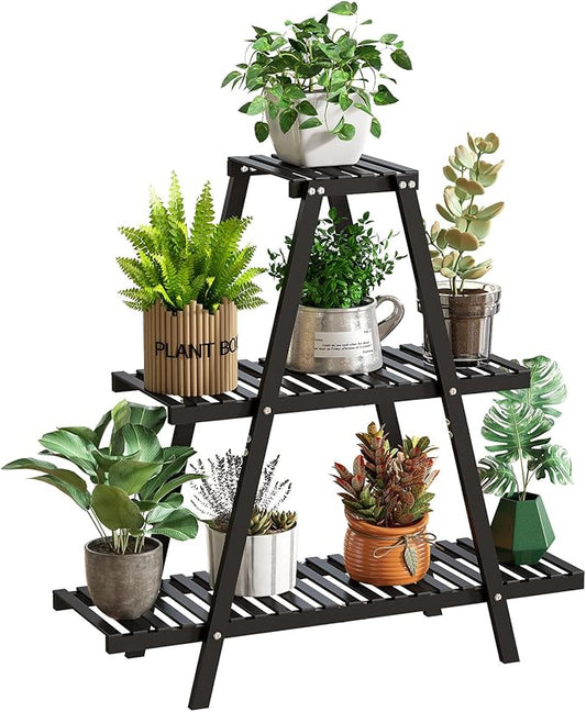 Plant Stand Indoor Plant Shelf Outdoor bamboo Plant Rack, 3 Tiers Ladder Plant Holder Flower Stand for Living Room Balcony Garden Patio,Living Room Boho Home Decor for Gardening Gifts (Black)
