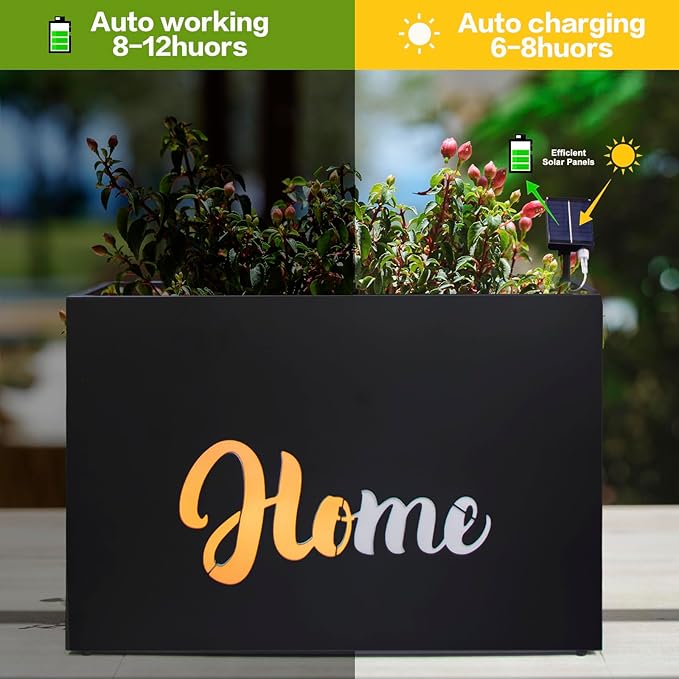 Metal LED Planter Box Rectangular Block - Galvanized Steel Long Planters Box with Solar Light Outdoor All-Weather Use with Drainage Holes for Cafe Bar Mall Patio/Porch/Entrance, 35.5×24×12IN（Home）