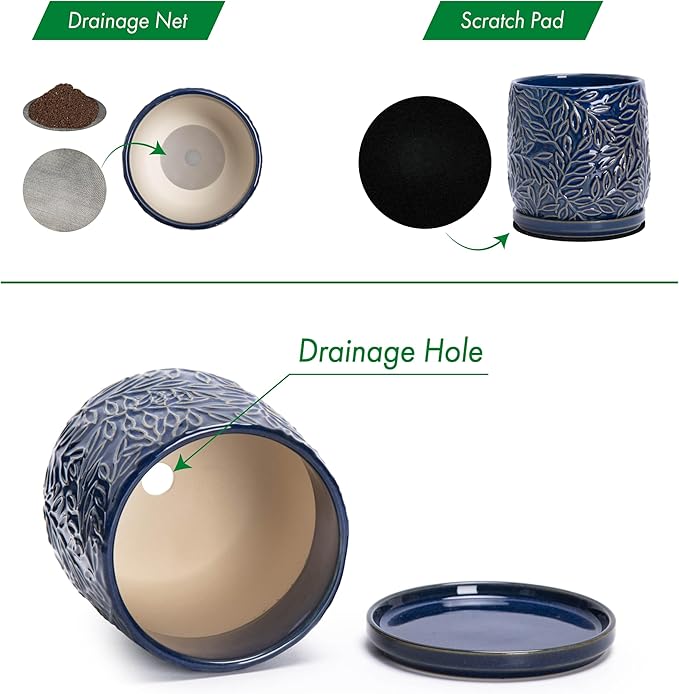 D'vine Dev 5 Inch Embossed Leaves Stoneware Planter Pot with Drainage Hole and Saucer, Midnight Blue, 27-A-V-3