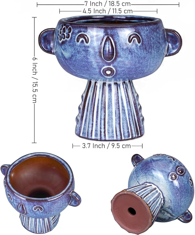Planter, Ceramic Cute Face Flower Pot Head, Indoor Outdoor, Drainage Hole, 7x5x6 inches, Light Blue
