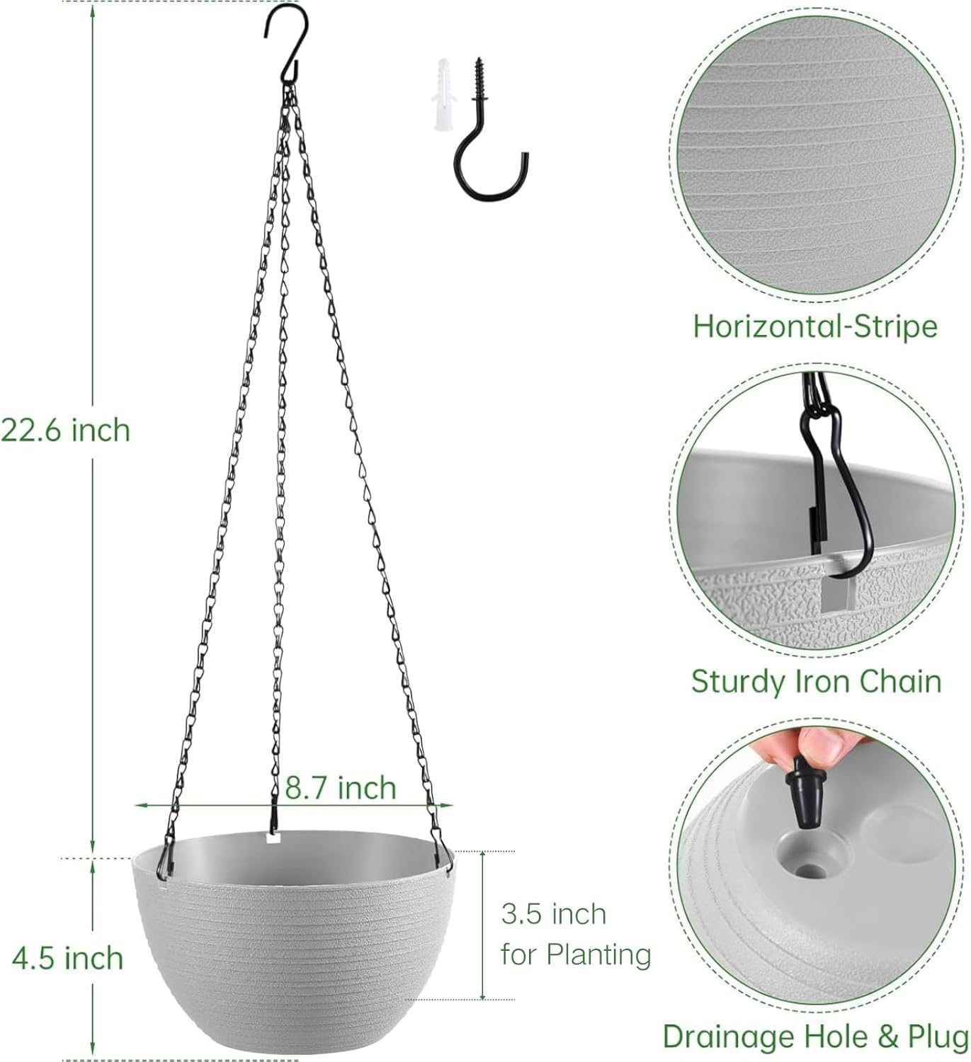 Hanging Planters for Indoor Outdoor Plants, Set of 2 Self Watering Hanging Pots with Drainage Hole & Plug and 20" Chain & Hooks